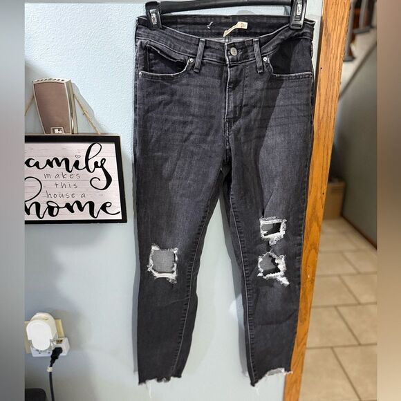 Levi 721 High Rise Skinny Jeans Black Frey Bottom Distressed Women's Size 8 - Picture 2 of 15